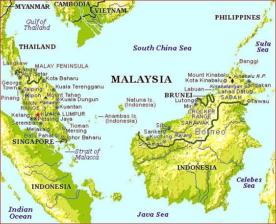 What are some important locations on a map of Malaysia?